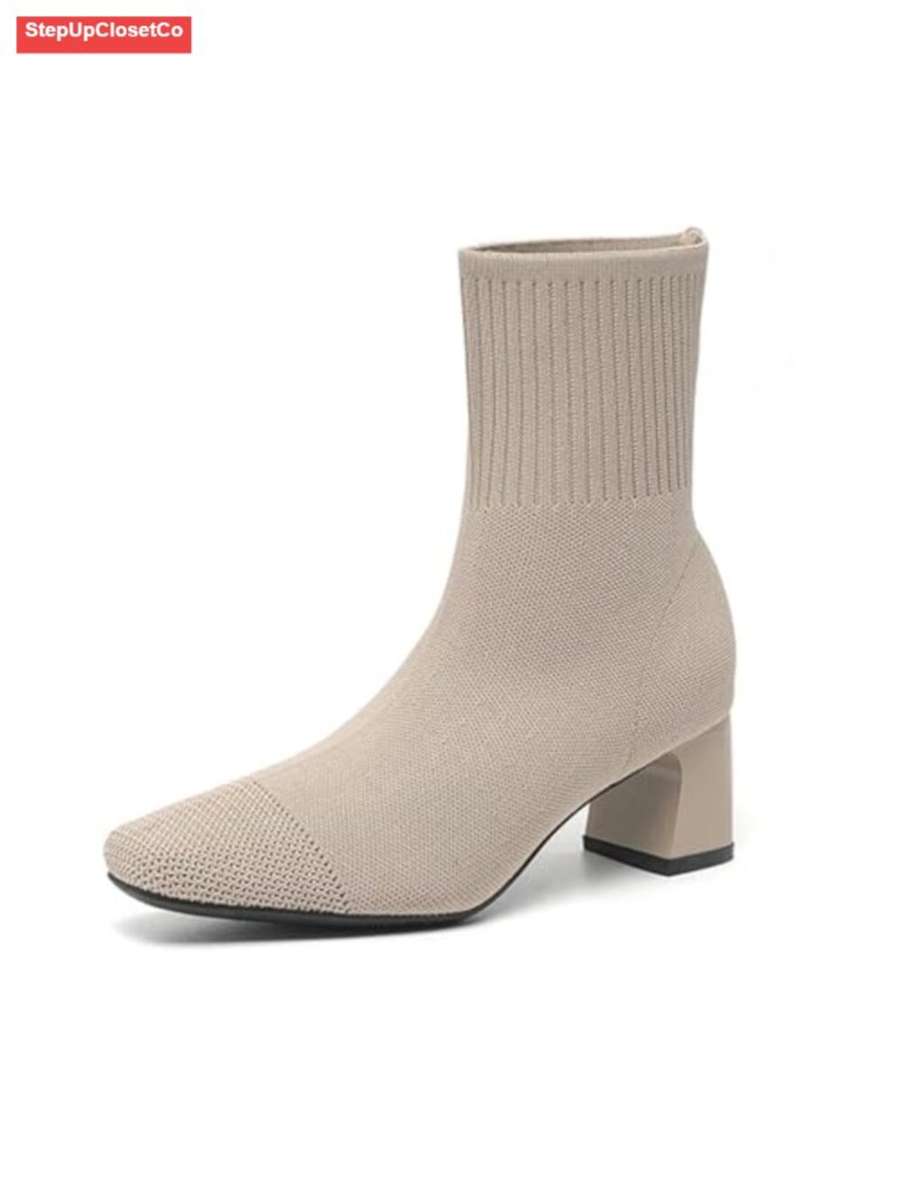 Women's Ankle Boots Slip On Block Heel Square Toe Knit Sock Booties Fashion